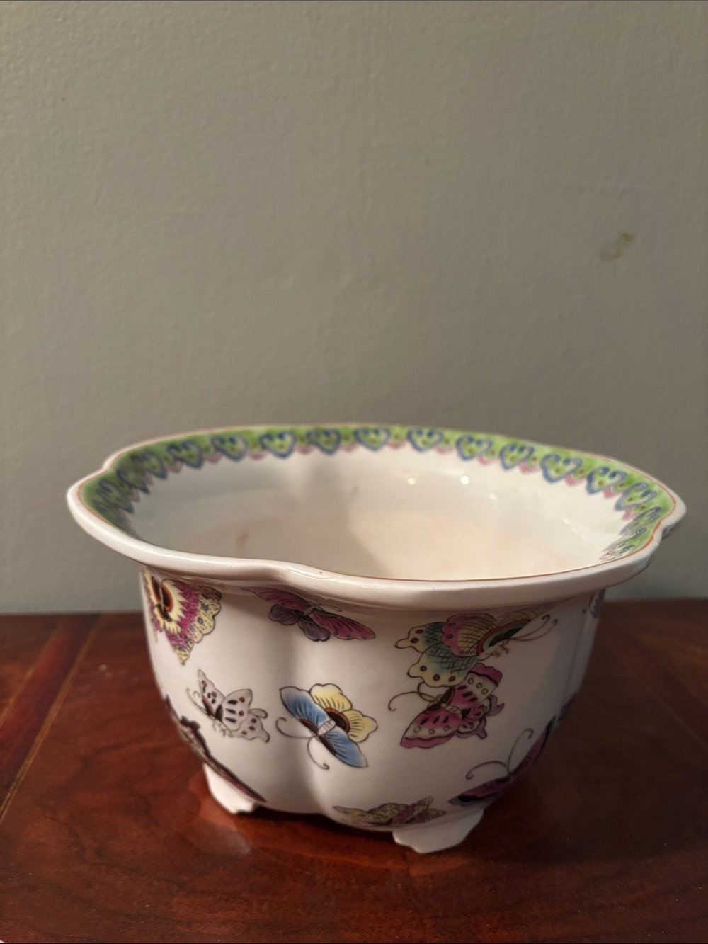 Vintage, Decorative White Footed Ceramic Planter with Multicolor Butterfly Motif